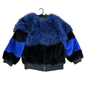 Shaci Blue Faux Fur Bomber Jacket Womens Small Blue Black Shaggy Colorblock Zip